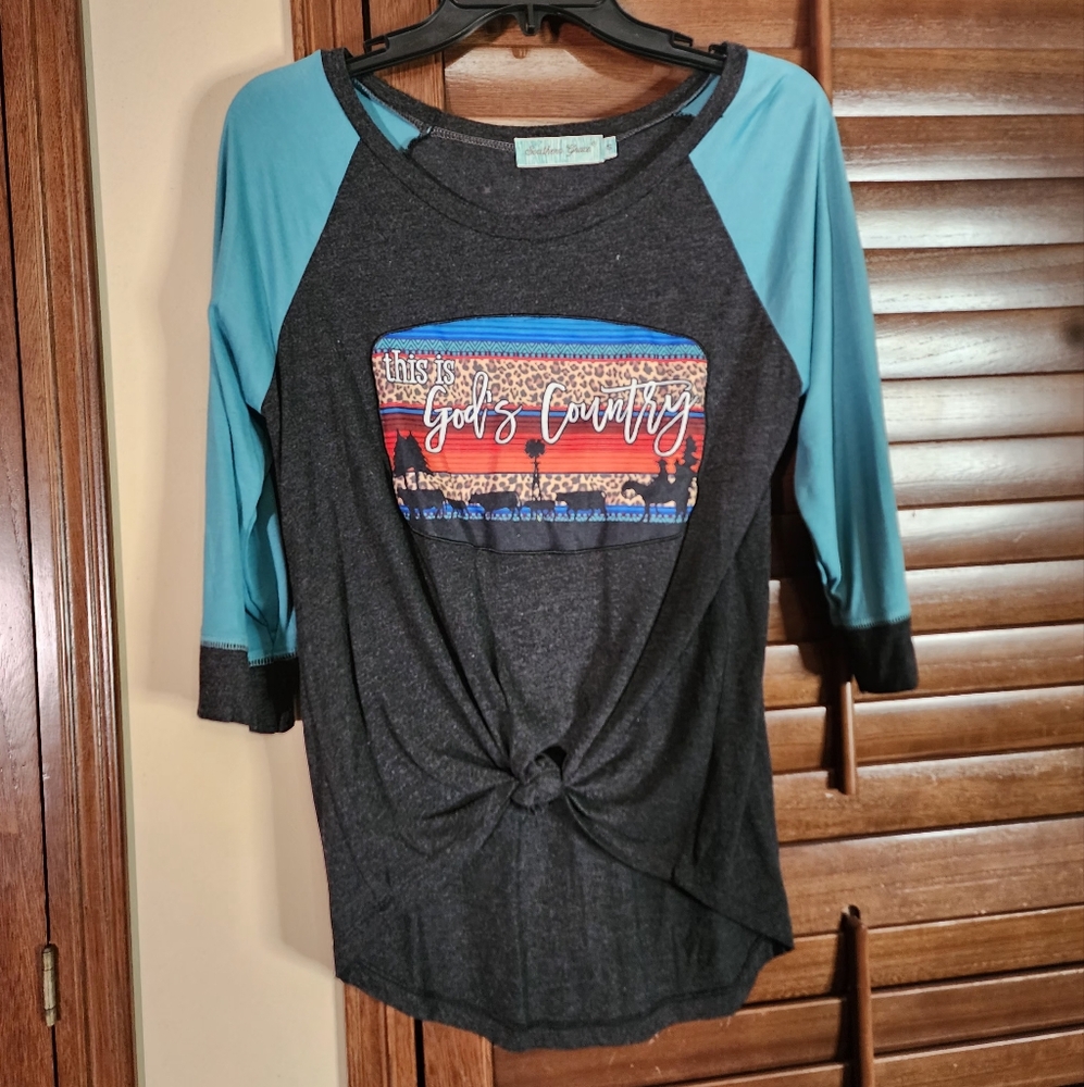 Southern Grace Gray and Blue Tie Front Tee
